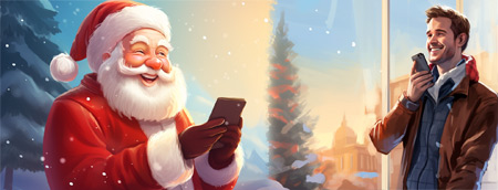 Дед Мороз звонит по мобильному телефону мужчине и поздравляет его с Новым годом